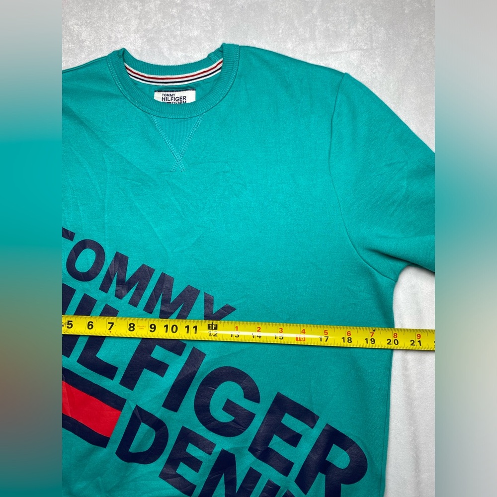 Vintage‎ Tommy Hilfiger Denim Sweatshirt Spellout Aqua Crewneck Men’s Size SMALL - Picture 5 of 7